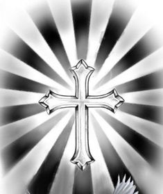 a cross and dove on a black and white background with sun rays in the background