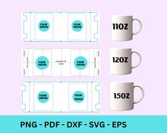 two coffee mugs with the measurements for each one and their corresponding labels on them