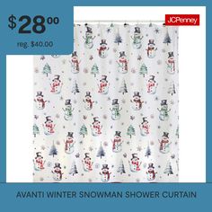 a shower curtain with snowmen on it and the words $ 28 00 reg $ 40 00