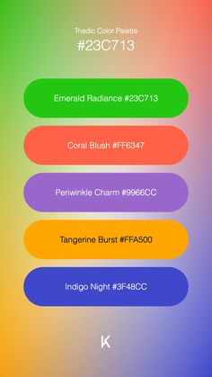 Triadic Color Palette Emerald Radiance #23C713 · Coral Blush #FF6347 · Periwinkle Charm #9966CC · Tangerine Burst #FFA500 · Indigo Night #3F48CC Coral Blush, Color Pallete, Green Gems, Vibrant Green, Color Theory, Color Matching