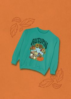 Celebrate Autumn in the coziest of sweatshirts and make all of your pumpkin loving pals jealous! -Worldwide Shipping -Comfort Colors Sweatshirt About the Sweatshirt: Luxurious comfort and style are what this unisex, garment-dyed sweatshirt is all about. It's made with 80% ring-spun cotton and 20% polyester and the fabric is 3-end garment-dyed, ring-spun, color-blast fleece with a 100% cotton face. Each sweatshirt comes with a relaxed fit, a rolled-forward shoulder, and a back neck patch.  .: 80% Fall Loungewear T-shirt, Comfortable Green Sweater For Fall, Cute Oversized Fall Tops, Cute Oversized Tops For Fall, Cozy Graphic Print Tops For Fall, Cozy Fit Graphic Print Tops For Fall, Cozy Fall Sweater With Graphic Print, Graphic Print Sweatshirt For Fall Loungewear, Comfortable Cotton Sweatshirt For Fall