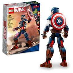 a lego captain america figure next to a box