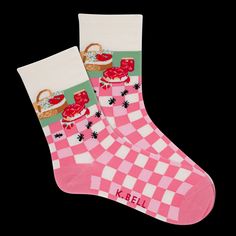 K.Bell Women's Strawberry Picnic Crew Sock Affordable Fun Pink Socks, Cheap Fun Pink Socks, Sock Hop Socks, Cute Thigh High Socks, Strawberry Boutique, Strawberry Clothing, Strawberry Picnic, Socks With Lace, Romantic Date