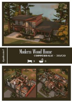 the modern wood home is shown in three different views