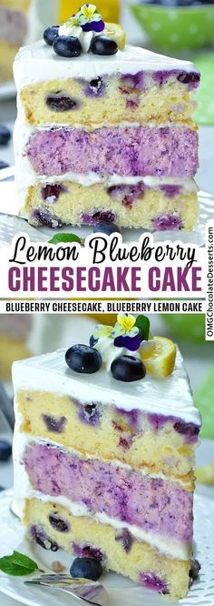 two slices of lemon blueberry cheesecake cake on a plate