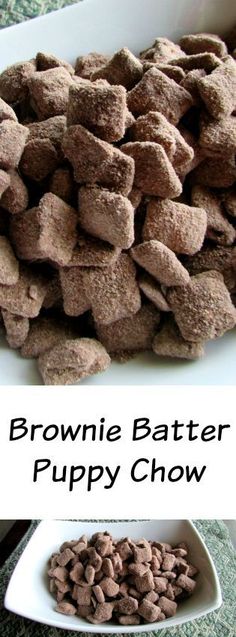 brownie batter puppy chow is in a white bowl