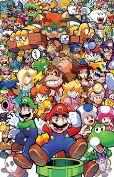 an image of mario and friends in the middle of a large group of cartoon characters