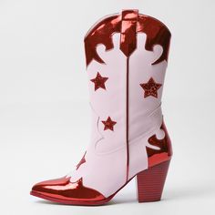 Step into the spotlight with these pink red metallic finish glitter star inlay mid-calf cowgirl boots. Radiating glamour, they blend vibrant hues and shimmering details for a dazzling Western flair. Color: Pink Red Heel Type: Block heel Heel Height: 3.15" / 80 mm approx Shaft Height: 11'' / 279.4 mm approx Product measurements were taken using size 8. Please note that measurements may vary by size. Toe: Pointed toe Metallic finish design Glitter star inlay design Side-zipper design Handcrafted U Red And Pink Cowboy Boots, Red Western Summer Boots, Red Mid-calf Boots For Winter Party, Red Mid-calf Winter Party Boots, Red Winter Mid-calf Boots For Party, Western Style Pink Mid-calf Boots, Pink Fitted Western Mid-calf Boots, Western Style Fitted Pink Mid-calf Boots, Pink Western Boots With Pointed Toe