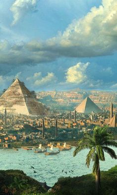 the pyramids are shown in this painting, and it looks like they could be built on land