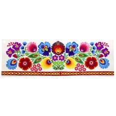 a decorative wall hanging with flowers and leaves on it's border, painted in bright colors