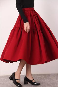 Red Cotton Long Skirt, Casual Red Gathered Skirt, Red Skirt With Elastic Waistband For Spring, Red Cotton Flared Skirt Bottoms, Red Tiered Maxi Skirt With Elastic Waistband, Red Skirt With Elastic Waistband, Red Cotton Maxi Skirt For Spring, Spring Red Cotton Maxi Skirt, Red Cotton Midi Skirt