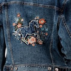 This Classy Stretch Denim Jacket By Grace In La Is The Perfect Piece To Dress Up A Casual Outfit, And Add To Your Closet For Layering On Those Summer Nights! Sizes Small Through Xl Available, Fit Is True To Size. Spring Outerwear With Embroidered Patch, Trendy Denim Jacket With Embroidered Patch For Spring, Spring Denim Jacket With Embroidered Patch, Cowgirl Closet, Embroidered Horse, Embroidered Jean Jacket, Embellished Clothing, Embroidered Denim Jacket, Upcycled Fashion