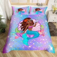 the little mermaid is sitting on her bed with purple sheets and pillowcases,