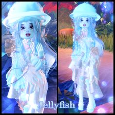 (VIP / custom makeup / +6 items) DTI Jellyfish outfit idea / inspo. Useful for Animals and Aquatic themes. #dresstoimpress #dti #roblox Dti Theme Scene Non Vip, Dti Outfits Aquatic, Jellyfish Dress To Impress, Dti Animals No Vip, Animal Dress To Impress, Dress To Impress Animals, Jellyfish Outfit