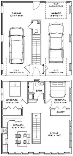 two story house plans with one car garage and the second floor plan for an apartment