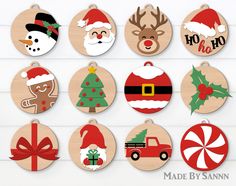 twelve christmas ornaments with santa claus, snowman, reindeer and other holiday related items