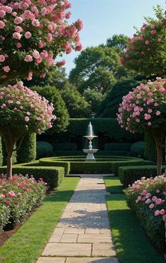 a garden with lots of pink flowers and trees