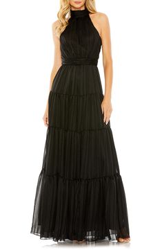 Mac Duggal Bow Back Tiered A-Line Gown | Nordstrom Long Black Bridesmaid Dresses, Halter Neck Gown, Tulle Cocktail Dress, Floral Halter Top, Halter Gown, Midi Cocktail Dress, Bow Back, Chiffon Gown, Mac Duggal