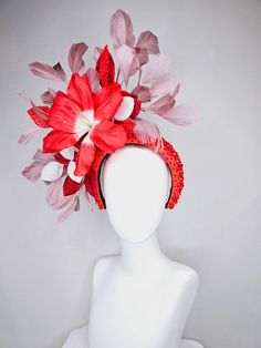 Kentucky Derby Hat Fascinator Large Red Flower With Red and White Leaves With Blush Pink Feathers on Red Crystal Beaded Headband - Etsy Red Feathered Fascinator For Kentucky Derby, Red Feathered Hat For Races, Red Feathered Costume Hat For Races, Red Feather Headpiece For Kentucky Derby, Red Feathered Headpiece For Kentucky Derby, Red Hat With Handmade Flowers For Kentucky Derby, Red Summer Fascinator With Handmade Flowers, Summer Red Fascinator With Handmade Flowers, Red Handmade Flowers Fascinator For Summer