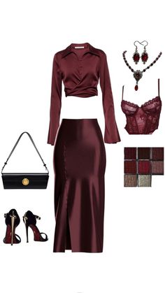 #outfits #fashion Red Satin Skirt Outfit, Venus Scorpio, Cherry Aesthetics, Red Satin Skirt, Satin Skirt Outfit, Sophisticated Outfits, Evening Dresses With Sleeves, Stylish Work Attire