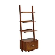 a tall wooden shelf with drawers on it