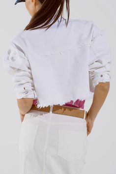 Step into the trendy world with our White Denim Cropped Jacket, adorned with multicolor flower details that add a bohemian flair. This jacket features chest pockets, a polo collar, button-down front, and raw edges for a stylish and edgy look. Made from a blend of 98% cotton and 2% elastane, it offers a comfortable stretch and a regular fit. The cropped length and long sleeves make it perfect for pairing with high-waisted jeans or a flowy skirt for a chic boho ensemble. Model Info: Model is weari White Cropped Jacket, Denim Cropped Jacket, Jacket Sleeves, Tan Scarf, White Denim Jacket, Edgy Look, Flowy Skirt, Jeans Jumpsuit, Cropped Jacket