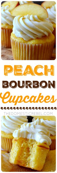 peach bourbon cupcakes with white frosting on top and the words peach bourbon cupcake