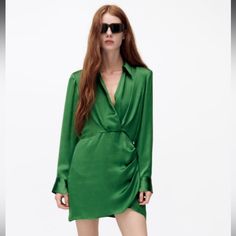 Satin Shirt Dress From Zara Never Worn Before Size Xs Green V-neck Shirt Dress For Fall, Elegant Green V-neck Shirt Dress, Green Long Sleeve Cocktail Mini Dress, Elegant Green Formal Shirt Dress, Elegant Green Shirt Dress For Formal Occasions, Spring Formal Collared Mini Dress, Spring Formal Mini Dress With Collar, Green Long Sleeve Mini Dress For Formal Occasions, Spring Collared Mini Dress For Formal Occasions