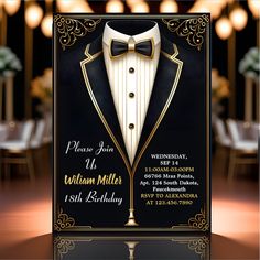 a black and gold birthday party card with a tuxedo