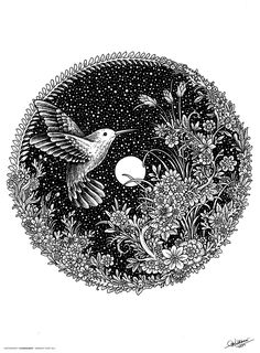 a black and white drawing of a hummingbird flying over flowers in the night sky