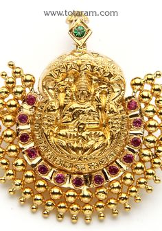 22 karat gold 'lakshmi nagaram' pendant with color stones
  
  note: this item can also be used as a hair clip, it has a clip/pin on the back side.
 - 235-GP2257 - in 10.550 Grams for USD $1,204.60 USD. 
Made in India by Totaram Jewelers Online this product is in Gold - 22 Karat BIS Hallmark 916 Gold  & is an excellent gift for Adult - Women. Ships fully insured with secured guaranteed delivery for free with your order over $250 from New Jersey USA & comes with 30 days exchange Yellow Gold Temple Necklace With 17 Jewels For Diwali, Temple Pendant Necklace With Gemstones For Festivals, Gold Plated Temple Necklace For Festivals, Gemstone Pendant Temple Necklace For Festivals, Festival Gemstone Pendant Temple Necklace, Festival Temple Necklace With Pendant For Celebration, Temple Jewelry Necklace In Yellow Gold With Gemstone, Spiritual 22k Gold Jewelry For Diwali, Festival Temple Jewelry Necklace With Pendant