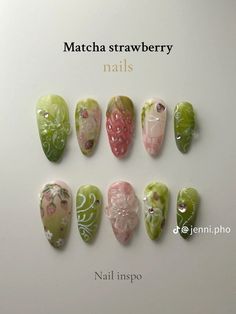 Coquette Hobbies, Fairy Nail Art, Matcha Strawberry, Cutesy Nails, Mail Inspo, Themed Nails, Anime Nails, Floral Nail, Nail Art Inspo