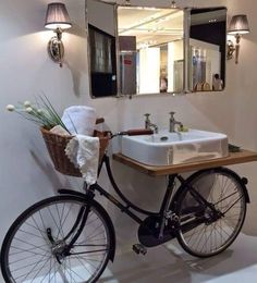 an image of a bike with a sink in the back and mirror on the wall