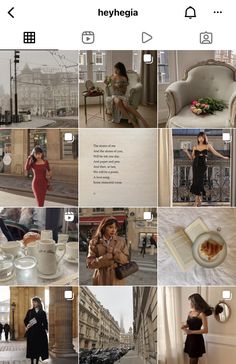 a collage of photos with women in black dresses and coffee mugs on them