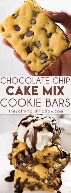 chocolate chip cake mix cookie bars are stacked on top of each other