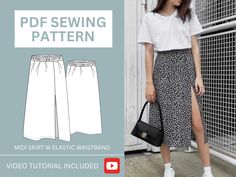 a woman wearing a skirt and white shirt with the text, pdf sewing pattern midi skirt with elastic waistband