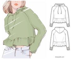 a drawing of a woman's top with ruffles on the shoulders and long sleeves