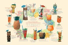 a poster with different types of cocktails and their names in the center, on a white background