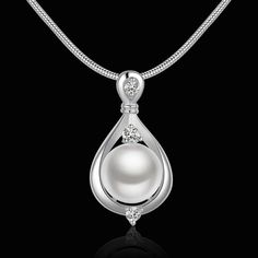 925 Sterling Silver, Crystal, And Pear. Pearl Pendant Measures Approx. 2.5 X 1.4 Cm Necklace Measures 45 Cm/17.7" Long Necklaces Crystal, Wedding Necklace Set, Silver Pearl Necklace, Silver Snake Chain, Long Chain Necklace, Charm Pendant Necklace, White Necklace