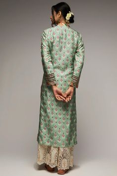 Gopi Vaid | Mint Green Kurta And Palazzo | INDIASPOPUP.COM Mint Green Pants, Gopi Vaid, Kurta And Palazzo, Indian Attire, Desi Fashion, Green Pants, Silver Foil, Cut Work, Long Sleeve Tunic