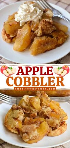 apple cobbler with whipped cream on the top and an image of apples in the bottom