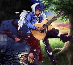 a man with blue hair playing a guitar in front of a tree and grass area