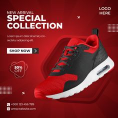 a red and black sneaker advertises the new arrival special collection