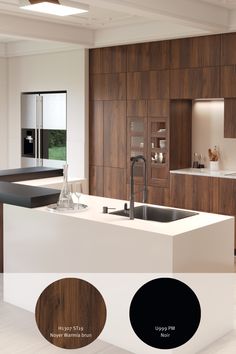 a modern kitchen with wood paneling and white countertops, including an island sink