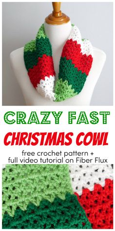 crochet christmas cowl with text that reads, crazy fast christmas cowl