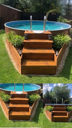 an above ground pool with steps leading up to it and landscaping around the pool area