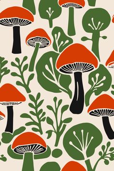 an image of a pattern with mushrooms and plants on the ground in green and orange colors