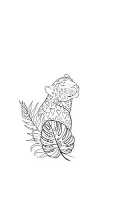 a black and white drawing of a leopard sitting on top of a leafy plant