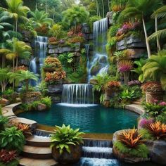 a beautiful garden with waterfall and tropical plants