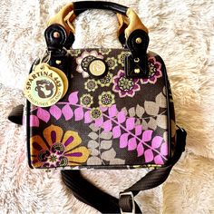 Spartina 449 Daufuskie Island Melrose Box Bag Linen & Leather Floral Green Purple & Gold Print 2 Removable Canvas Straps 2 Inner Slip Pockets & 1 Zipper Pocket Top Zipper Closure Double Handles Can Use As A Satchel Or Shoulder Bag Nwt Approx 9 1/2” X 8” X 4” Daufuskie Island, Spartina 449, Hobo Shoulder Bag, Leather Floral, Linen Bag, Gold Print, Pocket Top, Box Bag, Clothing Company